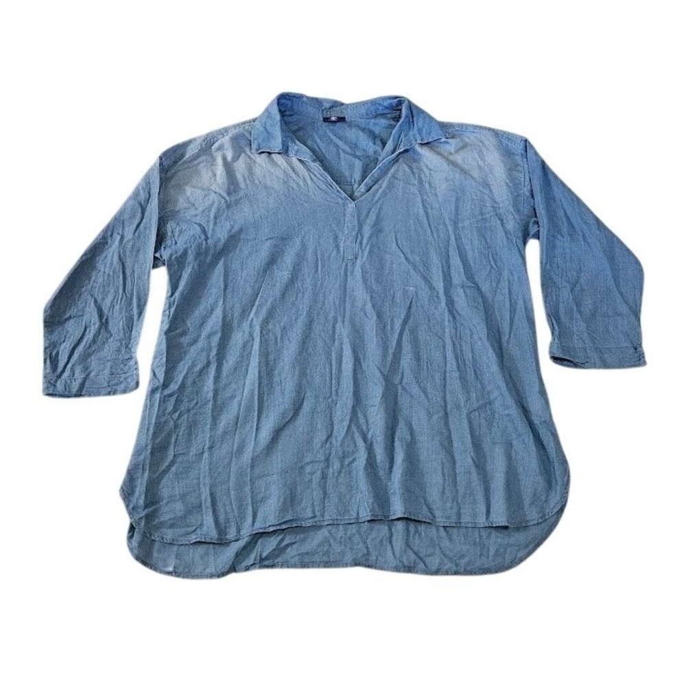 Pure Jill Indigo Tunic Top Women 2X Blue Cotton Denim Split Neck 3/4 Sleeve
